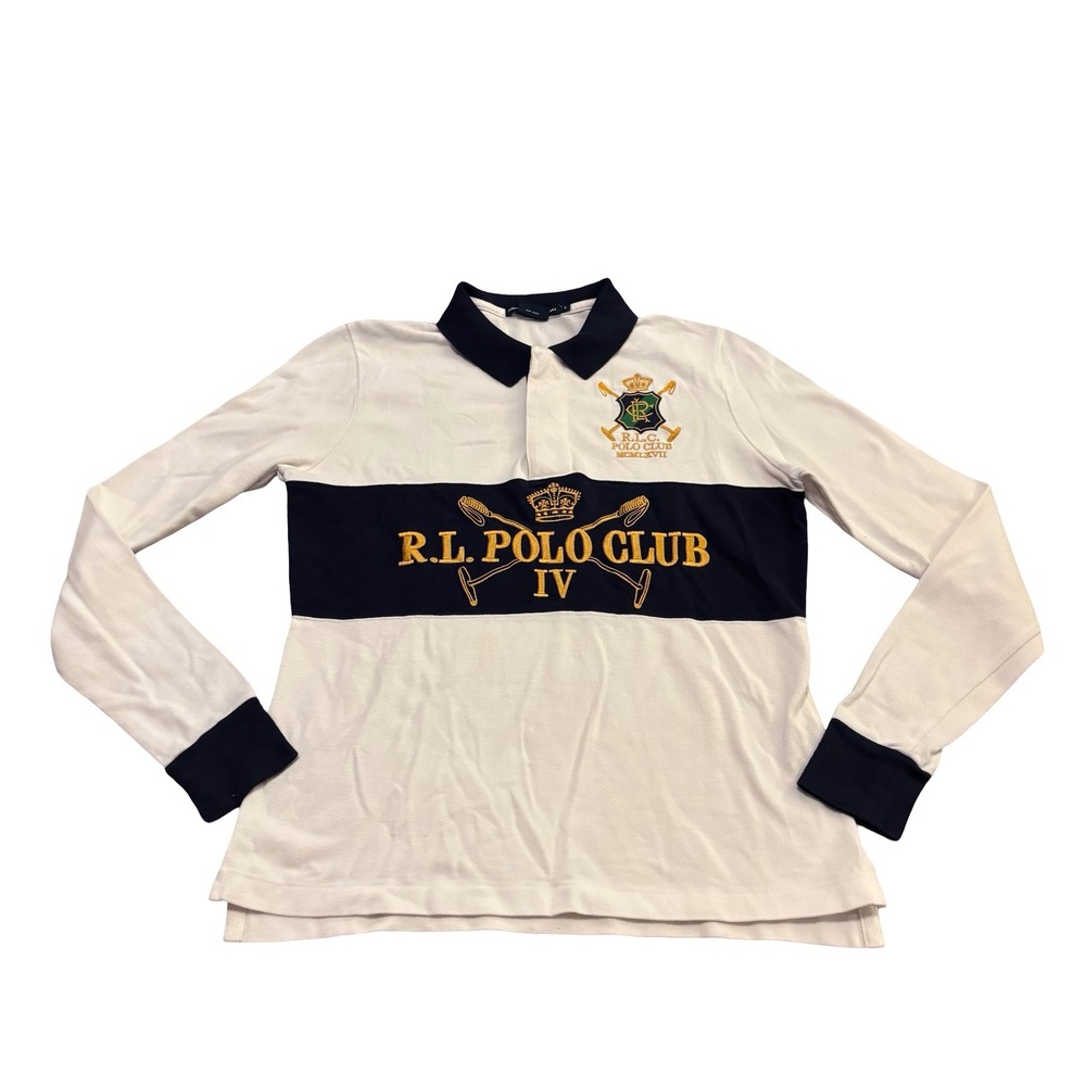 Ralph Lauren Sport Womens White Navy R.L. Polo Club IV Rugby Shirt Large